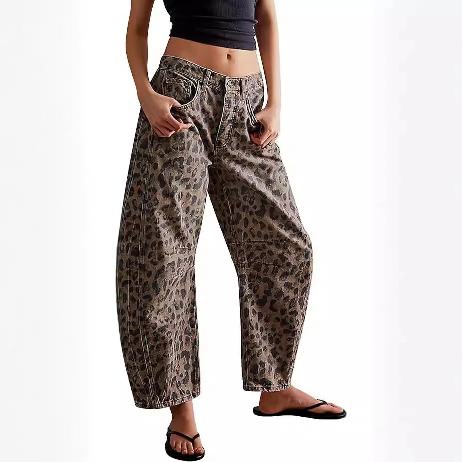 2026 Y2k Jeans Women Leopard Pants Mid Waist Distressed Washed Pockets Vintage Streetwear Ankle Length Trousers Denim Punk