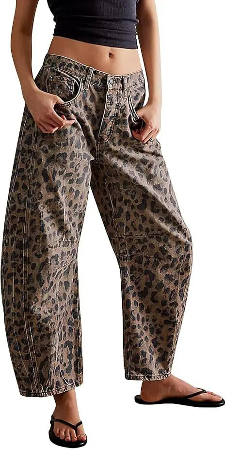 2026 Y2k Jeans Women Leopard Pants Mid Waist Distressed Washed Pockets Vintage Streetwear Ankle Length Trousers Denim Punk
