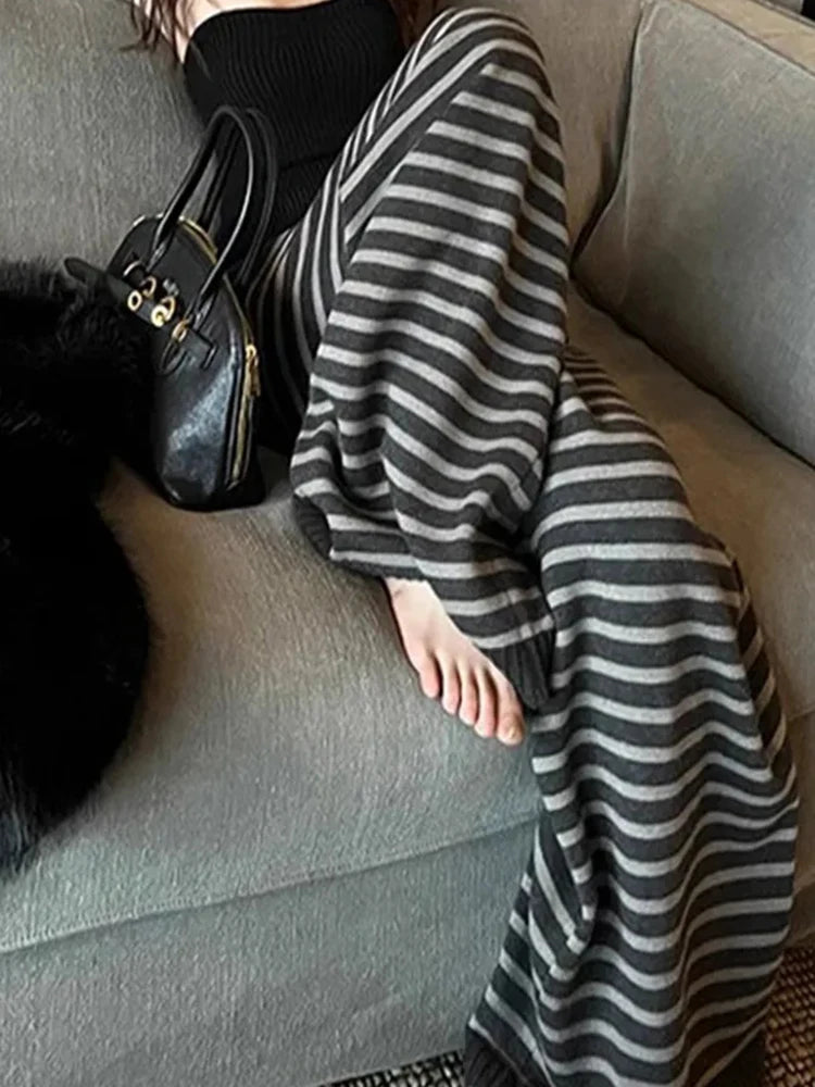 Harajuku Contrast Color Striped Women Wide Leg Pant Vintage Grunge Loose Knitted Pant Y2K American Casual Lady Straight Trousers
