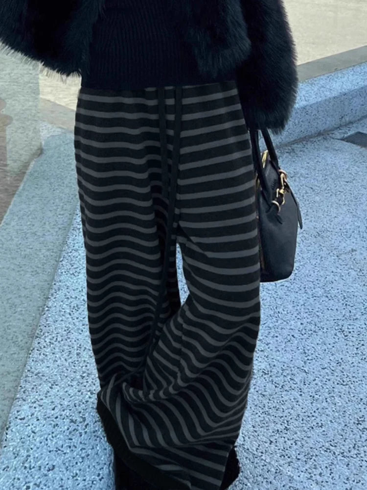 Harajuku Contrast Color Striped Women Wide Leg Pant Vintage Grunge Loose Knitted Pant Y2K American Casual Lady Straight Trousers