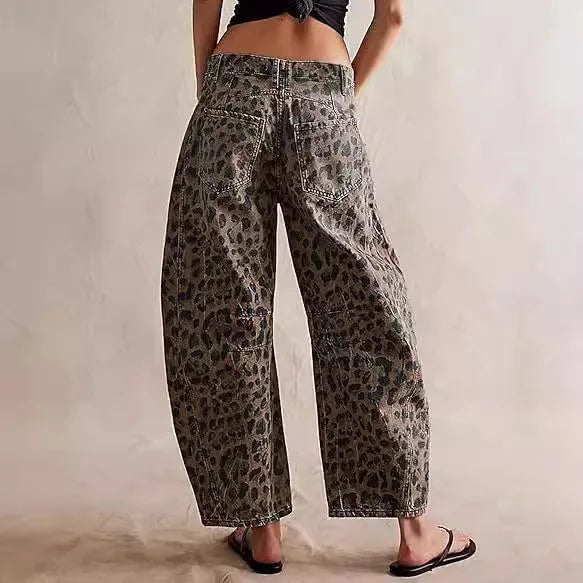 2026 Y2k Jeans Women Leopard Pants Mid Waist Distressed Washed Pockets Vintage Streetwear Ankle Length Trousers Denim Punk